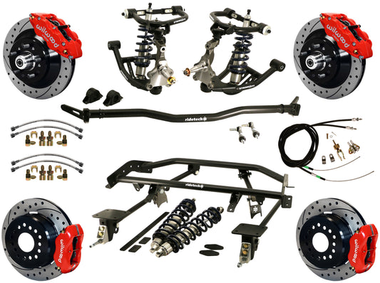 COILOVER & 4-LINK SYSTEM,WILWOOD 13"/12" DRILLED BRAKES,RED CALIPERS,67-69 F-