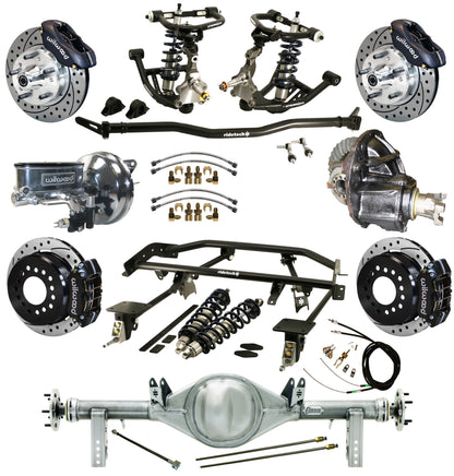 COILOVER & 4-LINK SYSTEM,CURRIE REAR END,WILWOOD 11" DRILLED BRAKES,BLACK,67-69