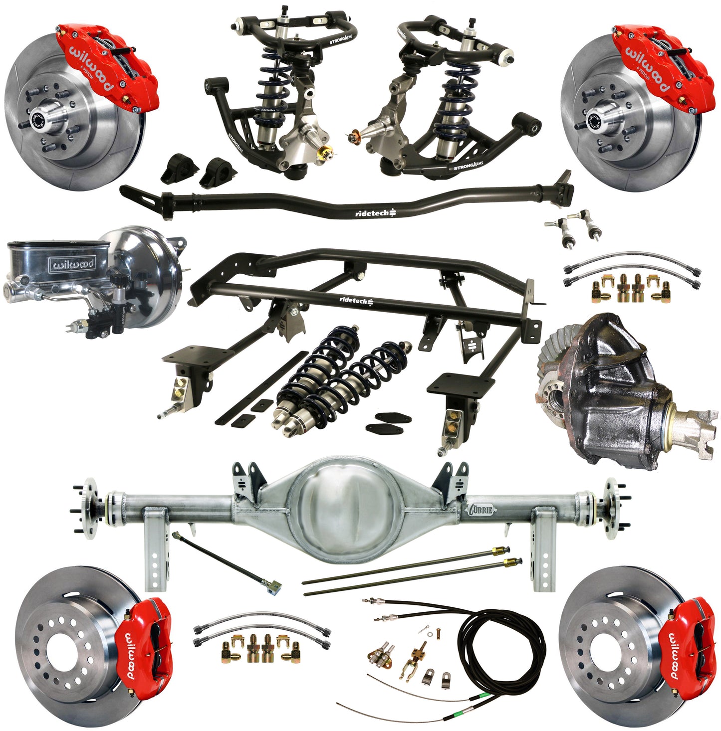 COILOVER & 4-LINK SYSTEM,CURRIE REAR END,WILWOOD 13"/12" BRAKES,RED,67-69 GM F