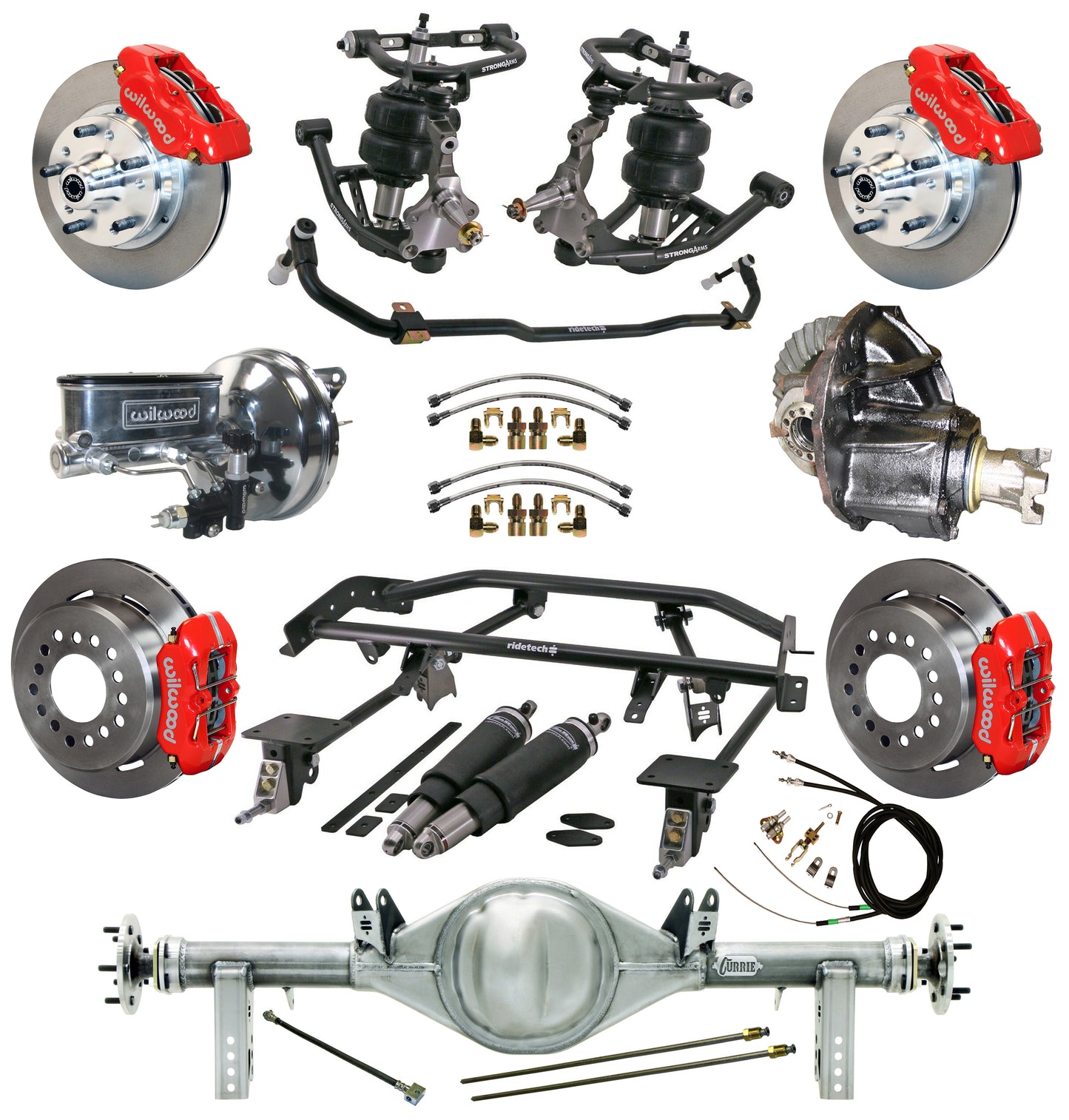 AIR RIDE & 4-LINK SYSTEM,CURRIE REAR END,WILWOOD 11" BRAKES,RED,67-69 GM F