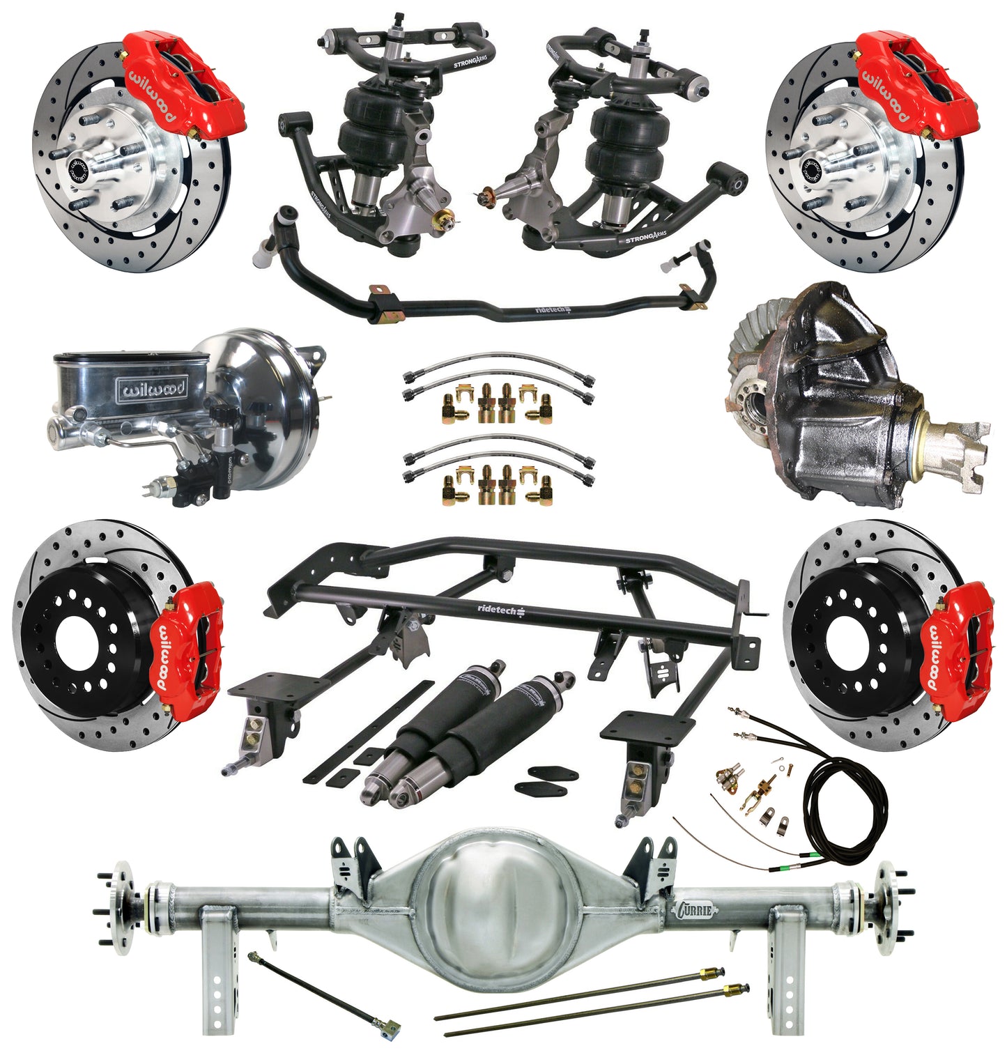 AIR RIDE & 4-LINK SYSTEM,CURRIE REAR END,WILWOOD 12" DRILLED BRAKES,RED,67-69