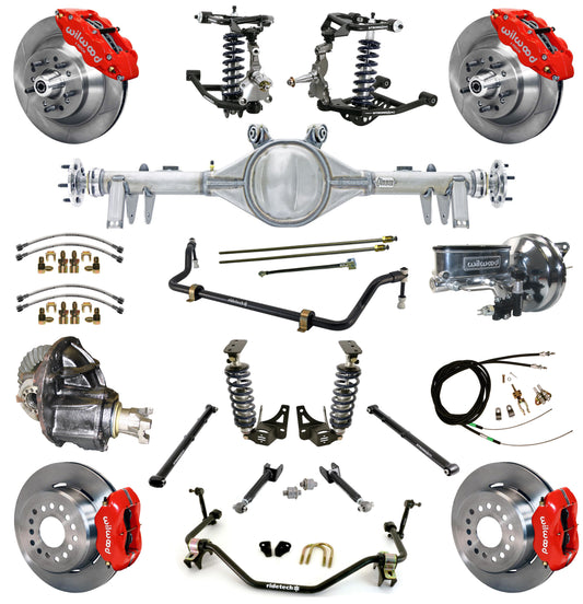 COILOVER SYSTEM,ARMS,BARS,CURRIE REAR END,WILWOOD 13"/12" BRAKES,RED,64-67 A-