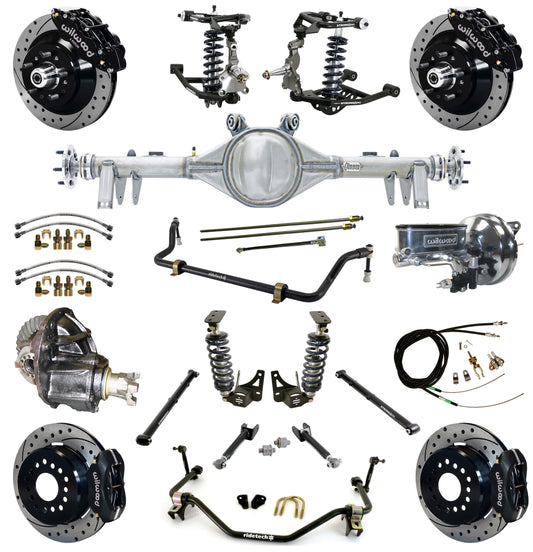 COILOVER SYSTEM,ARMS,CURRIE REAR END,WILWOOD 13"/12" DRILLED BRAKES,BLACK,64-67