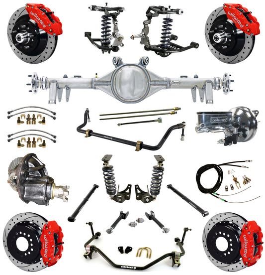 COILOVER SYSTEM,ARMS,CURRIE REAR END,WILWOOD 13" DRILLED BRAKES,RED,64-67 GM A