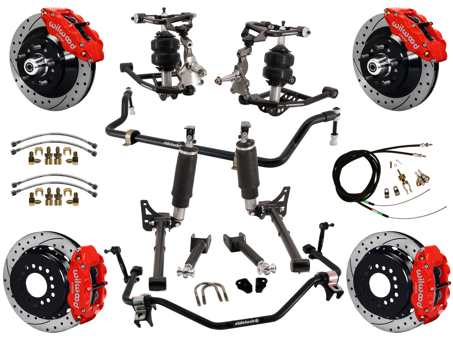 AIR RIDE SYSTEM,ARMS,BARS,WILWOOD 13" DRILLED BRAKES,RED CALIPERS,64-67 GM A-