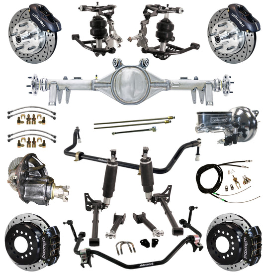 AIR RIDE SYSTEM,ARMS,CURRIE REAR END,WILWOOD 11" DRILLED BRAKES,BLACK,64-67 GM A
