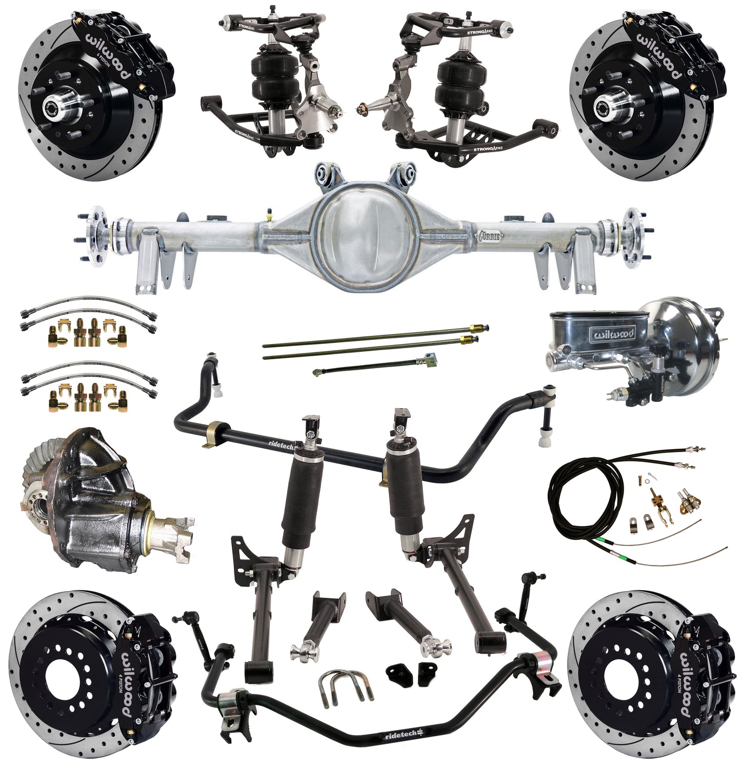 AIR RIDE SYSTEM,ARMS,CURRIE REAR END,WILWOOD 13" DRILLED BRAKES,BLACK,64-67 GM A