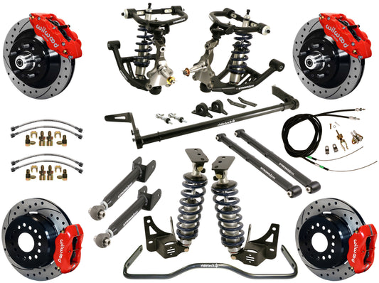 COILOVER SYSTEM,ARMS,BARS,WILWOOD 13"/12" DRILLED BRAKES,RED CALIPERS,68-72 GM A