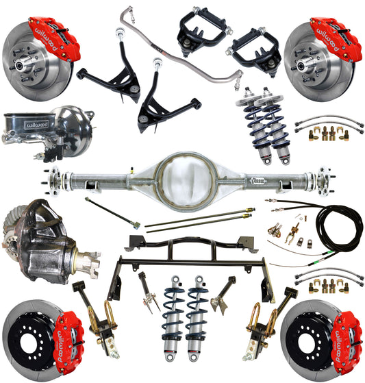 COILOVER & 4-LINK SYSTEM,CURRIE REAR END,WILWOOD 13" BRAKES,RED,67-70 MUSTANG