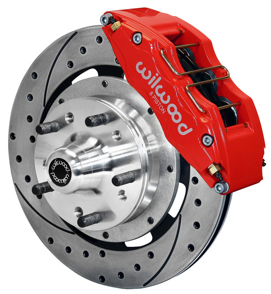 64-74 GM FRONT DISC BRAKE KIT,12.19" DRILLED ROTORS,6 PISTON DYNAPRO RED CALIPER