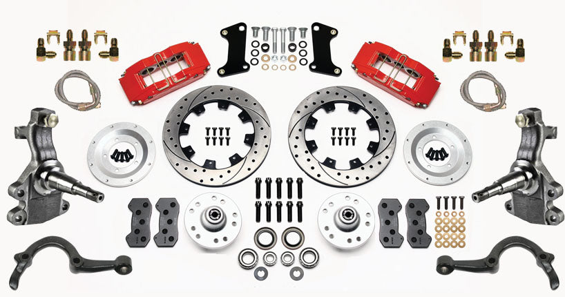 64-72 GM A FULL DISC BRAKE KIT,2" DROP SPINDLES,ARMS,6 PIS. FRONT,12" DRILL,RED