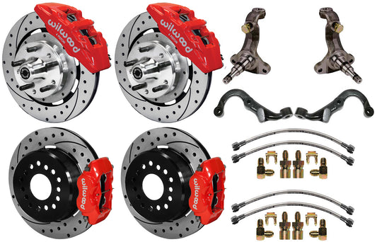 67-69 GM F FULL DISC BRAKE KIT,STOCK SPINDLES,ARMS,6 PIS. FRONT,12" DRILLED,RED