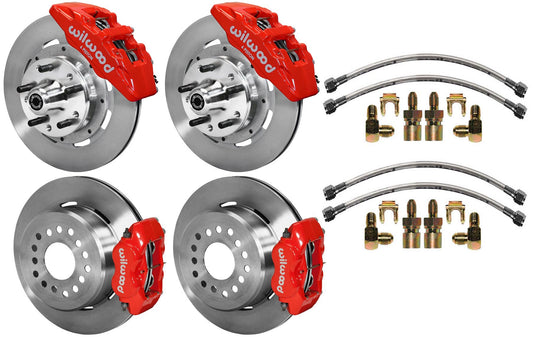64-74 GM DISC BRAKE KIT,FRONT 6 & REAR 4 PISTON WITH LINES,12.19",RED CALIPERS