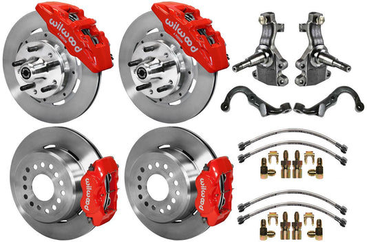 67-69 GM F FULL DISC BRAKE KIT,2" DROP SPINDLES,ARMS,6 PIS. FRONT,12" ROTORS,RED