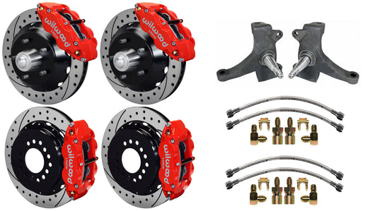 73-87 CHEVY C10 FULL DISC BRAKE KIT & RIDETECH SPINDLES,13" DRILLED,RED CALIPERS