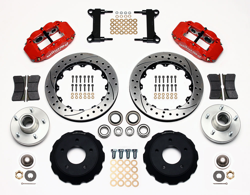 73-87 CHEVY C10 FULL DISC BRAKE KIT & RIDETECH SPINDLES,13" DRILLED,RED CALIPERS
