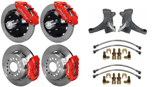 73-87 CHEVY C10 FULL DISC BRAKE KIT & RIDETECH SPINDLES,13"/12" ROTORS,RED CALIP