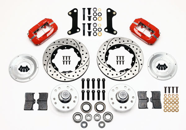 64-74 GM DISC BRAKE KIT,FRONT & REAR WITH LINES,11" DRILLED ROTORS,RED CALIPERS