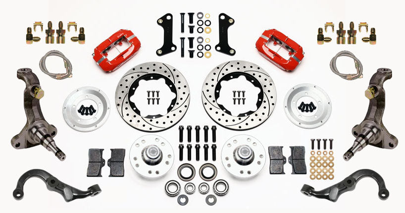 67-69 GM F-BODY FULL DISC BRAKE KIT & STOCK SPINDLES & ARMS,11" DRILLED,RED