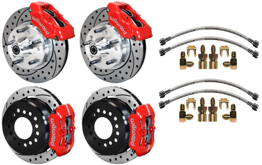 64-74 GM DISC BRAKE KIT,FRONT & REAR WITH LINES,11" DRILLED ROTORS,RED CALIPERS