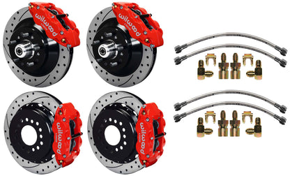 64-74 GM DISC BRAKE KIT,FRONT & REAR WITH LINES,13" DRILLED ROTORS,RED CALIPERS