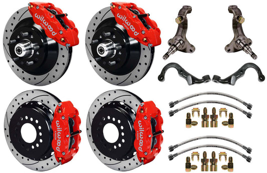 67-69 GM F-BODY FULL DISC BRAKE KIT & STOCK SPINDLES & ARMS,13" DRILLED,RED