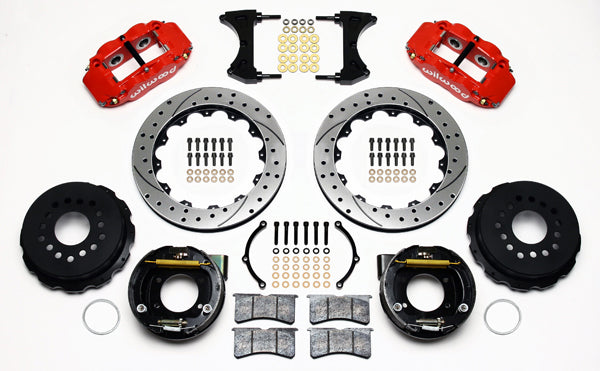 64-74 GM DISC BRAKE KIT,FRONT & REAR WITH LINES,13" DRILLED ROTORS,RED CALIPERS