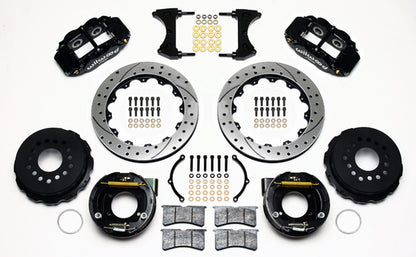 64-74 GM DISC BRAKE KIT,FRONT 14" & REAR 13" DRILLED ROTORS WITH LINES,BLACK CAL