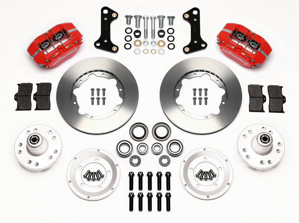 64-74 GM FRONT DISC BRAKE KIT,11" ROTORS,4 PISTON DP DUST BOOT RED CALIPERS