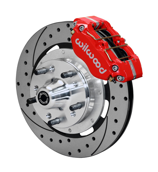 64-74 GM FRONT DISC BRAKE KIT,12.19" DRILLED ROTORS,4 PISTON DP DUST BOOT RED