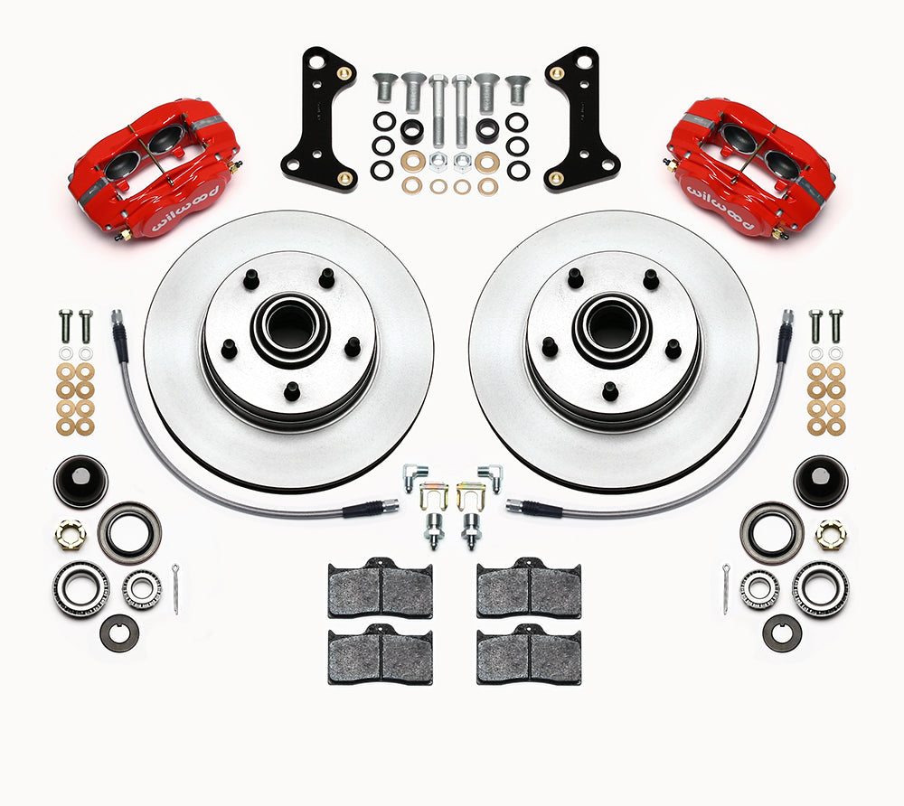 64-74 GM FRONT DISC BRAKE KIT,11" 1-PC. ROTORS,4 PISTON DYNALITE RED CALIPERS