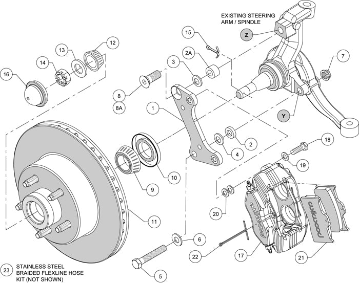 64-74 GM FRONT DISC BRAKE KIT,11" 1-PC. ROTORS,4 PISTON DYNALITE BLACK CALIPERS