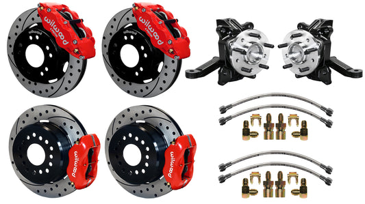 63-70 CHEVY C10 FULL DISC BRAKE KIT & WILWOOD ALUM DROP SPINDLES,12" DRILLED,RED