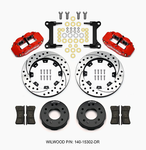 71-87 CHEVY C10 FULL DISC BRAKE KIT & WILWOOD ALUM DROP SPINDLES,12" DRILLED,RED