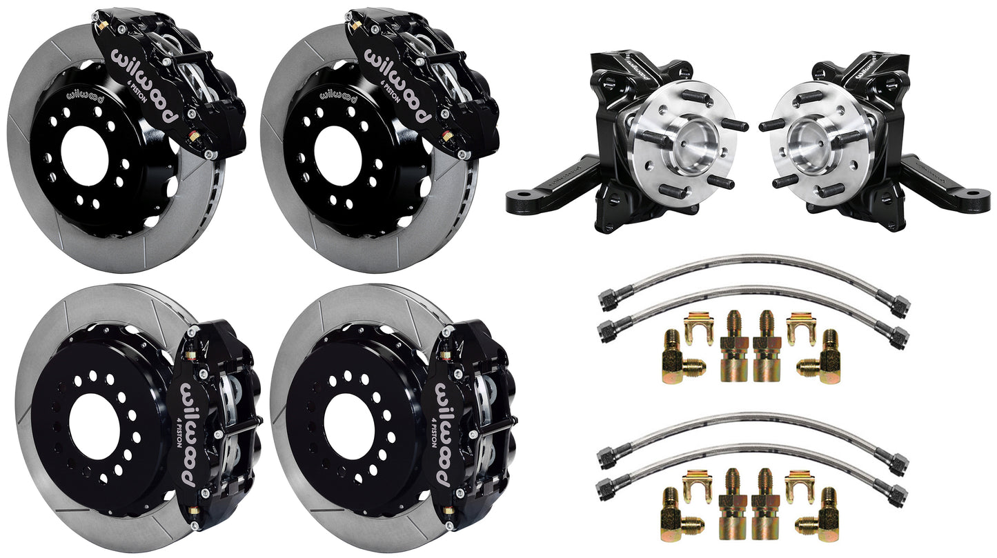 71-87 CHEVY C10 FULL DISC BRAKE KIT & WILWOOD ALUM DROP SPINDLES,13" ROTORS,BLCK