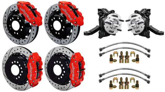 71-87 CHEVY C10 FULL DISC BRAKE KIT & WILWOOD ALUM DROP SPINDLES,13" DRILLED,RED