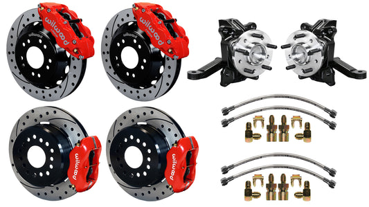 63-70 CHEVY C10 FULL DISC BRAKE KIT & WIL ALUM DROP SPINDLES,13"/12" DRILLED,RED