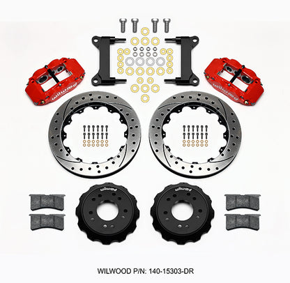63-70 CHEVY C10 FULL DISC BRAKE KIT & WILWOOD ALUM DROP SPINDLES,13" DRILLED,RED