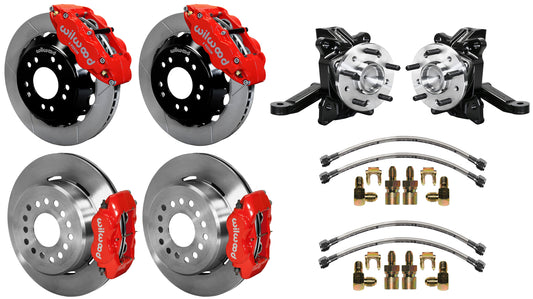 63-70 CHEVY C10 FULL DISC BRAKE KIT & WIL ALUM DROP SPINDLES,13"/12" ROTORS,RED