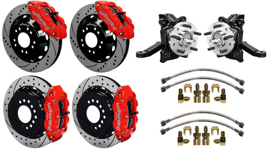 63-70 CHEVY C10 FULL DISC BRAKE KIT & WIL ALUM DROP SPINDLES,14"/13" DRILLED,RED