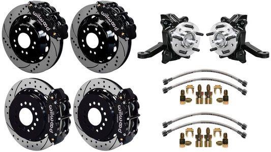 63-70 CHEVY C10 FULL DISC BRAKE KIT & WIL ALUM DROP SPINDLES,14"/13" DRILLED,BLK