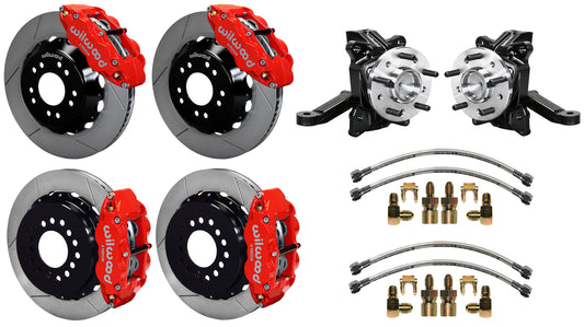 63-70 CHEVY C10 FULL DISC BRAKE KIT & WIL ALUM DROP SPINDLES,14"/13" ROTORS,RED