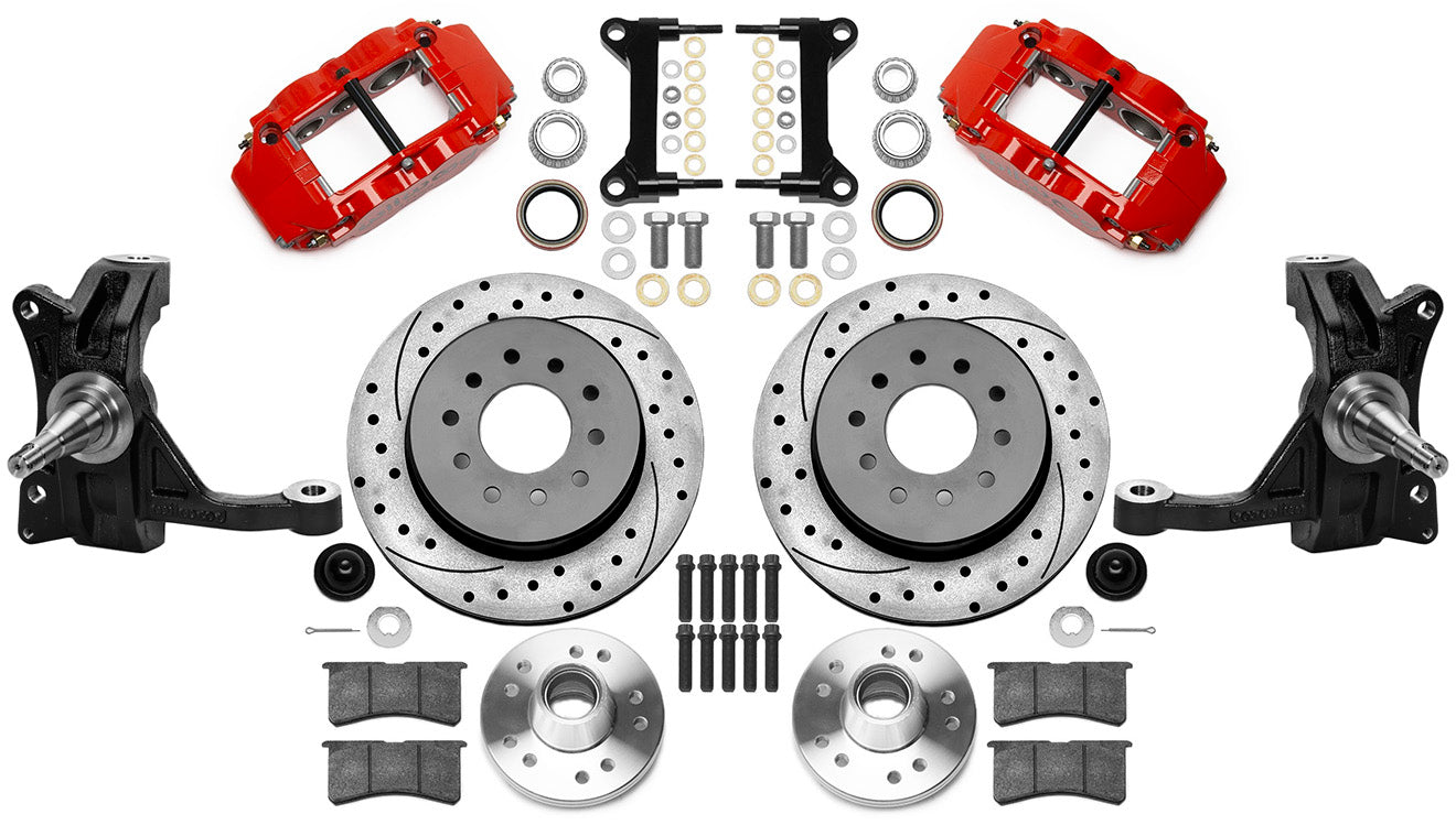63-70 CHEVY C10 FULL DISC BRAKE KIT & WILWOOD IRON DROP SPINDLES,12" DRILLED,RED