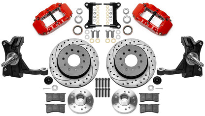 71-87 CHEVY C10 FULL DISC BRAKE KIT & WILWOOD IRON DROP SPINDLES,12" DRILLED,RED