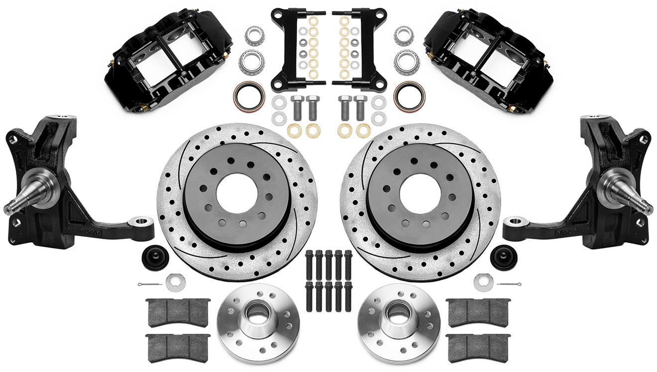 71-87 CHEVY C10 FULL DISC BRAKE KIT & WILWOOD IRON DROP SPINDLES,12" DRILLED,BLK
