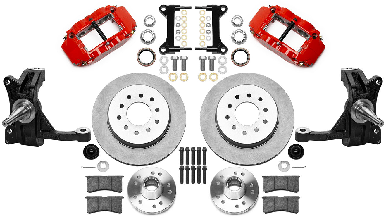 71-87 CHEVY C10 FULL DISC BRAKE KIT & WILWOOD IRON DROP SPINDLES,12" ROTORS,RED