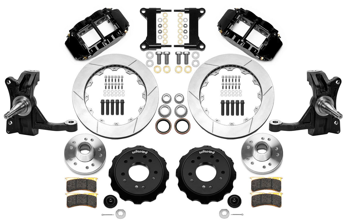 71-87 CHEVY C10 FRONT DISC BRAKE KIT & WILWOOD IRON DROP SPINDLES,13" ROTORS,BLK