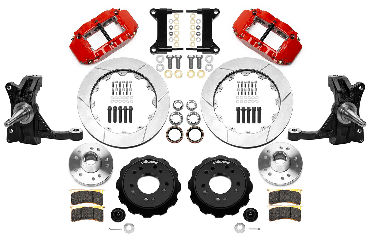 71-87 CHEVY C10 FULL DISC BRAKE KIT & WILWOOD IRON DROP SPINDLES,13" ROTORS,RED