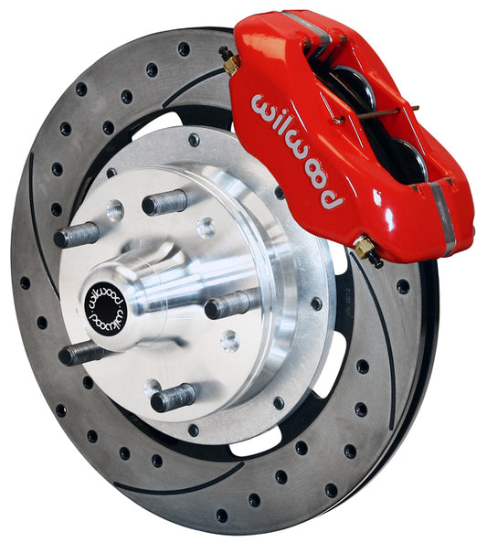 64-74 GM FRONT DISC BRAKE KIT,12.19" DRILLED ROTORS,4 PISTON DYNALITE RED CAL.