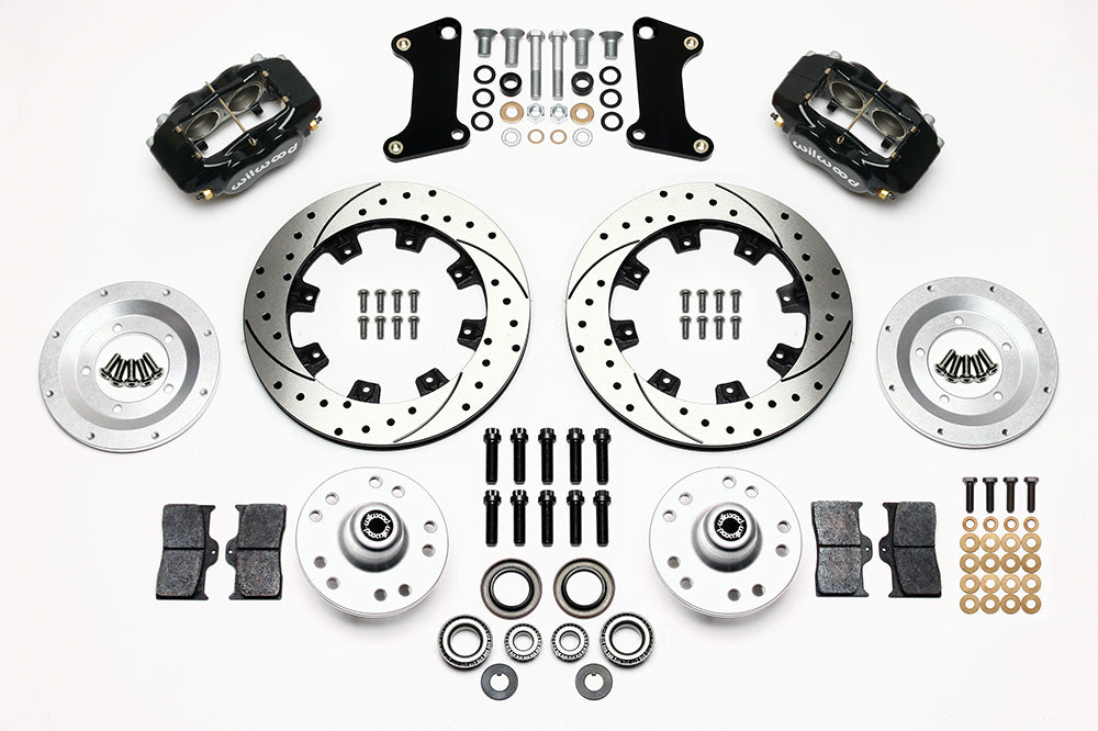 64-74 GM DISC BRAKE KIT,FRONT & REAR WITH LINES,12.19" DRILLED ROTORS,BLACK CAL.